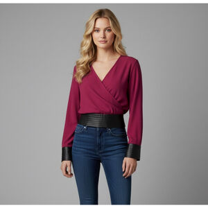 ARDEN B Fuchsia Faux Leather Long Sleeve V Neck Wrap Blouse Size Small